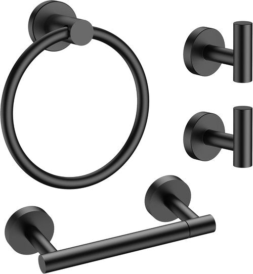 FORIOUS Bathroom Accessories Set - 4 Piece SUS304 Stainless Steel Hardware | Matte Black Toilet Paper Holder, Towel Ring & Hooks