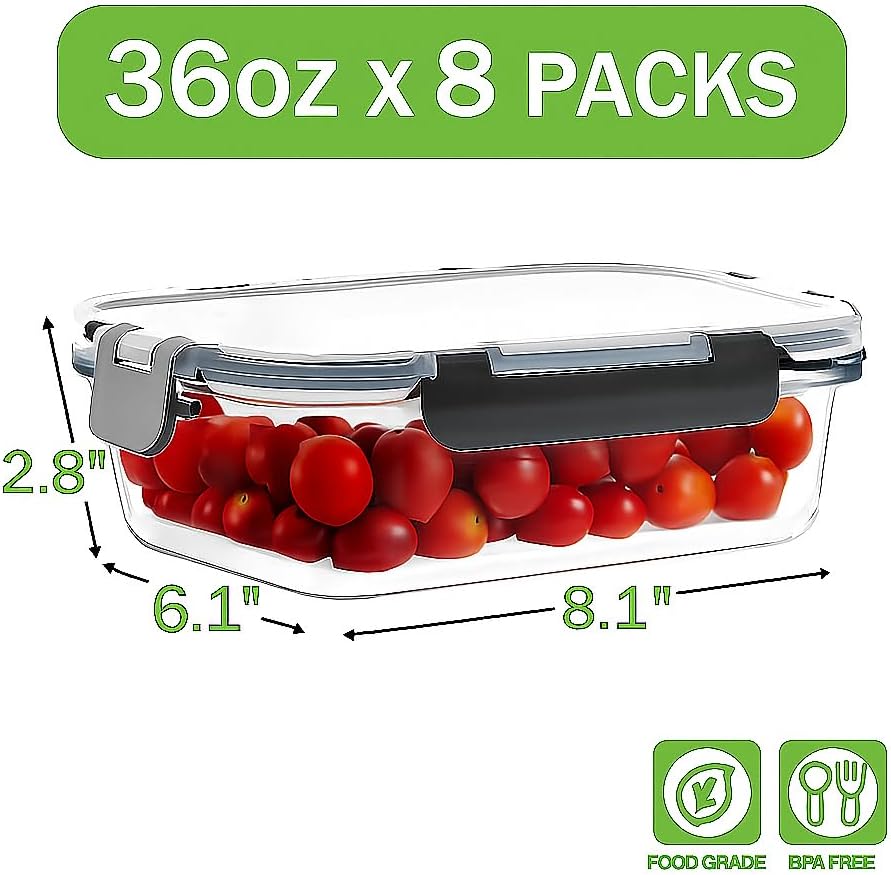 Skiennix 36oz Glass Meal Prep Containers - 8 Pack with Leak-Proof Snap Lock Lids | Airtight Food Storage