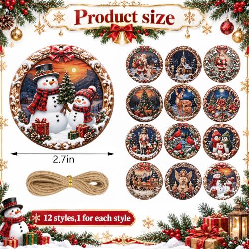 12 Pcs Wooden Snow Scenery Christmas Ornaments, 2.7 Inch Farmhouse Wood Hanging Decor (Mix/12 Pcs)