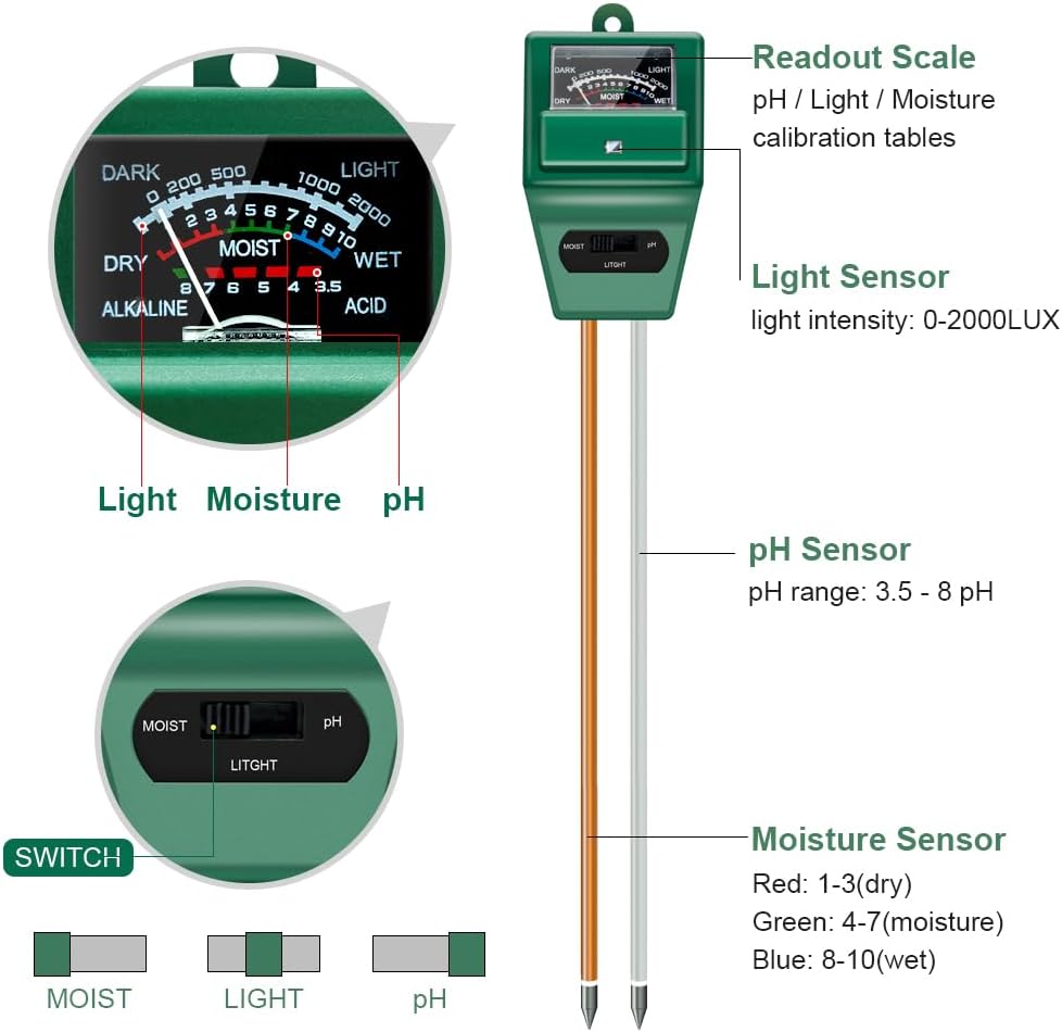 SONKIR Soil pH Meter - 3-in-1 Moisture, Light & pH Tester for Gardening | Ideal for Indoor & Outdoor Use (Green)