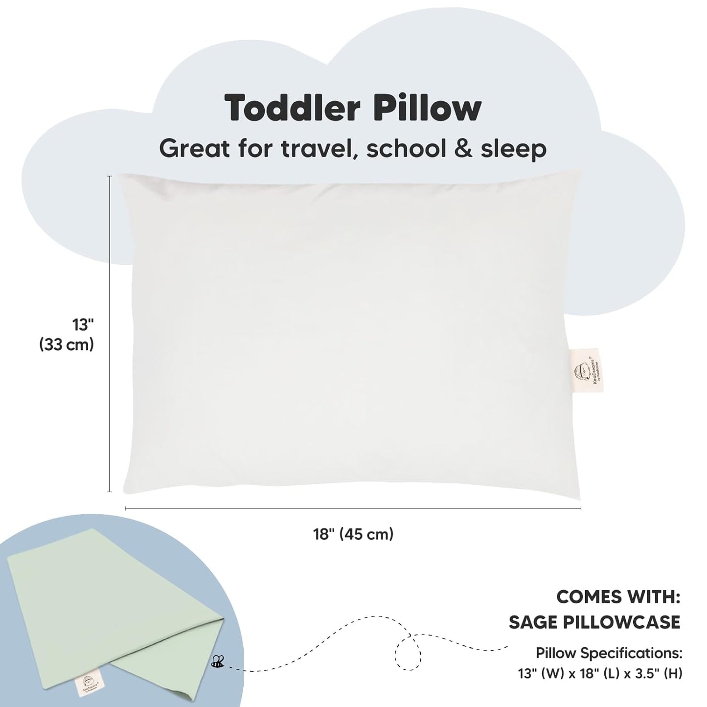 My Little Dreamy Toddler Pillow - Organic Cotton Travel Bed Pillow with Soft Pillowcase | 13x18, Sage, Machine Washable for Ages 2-5