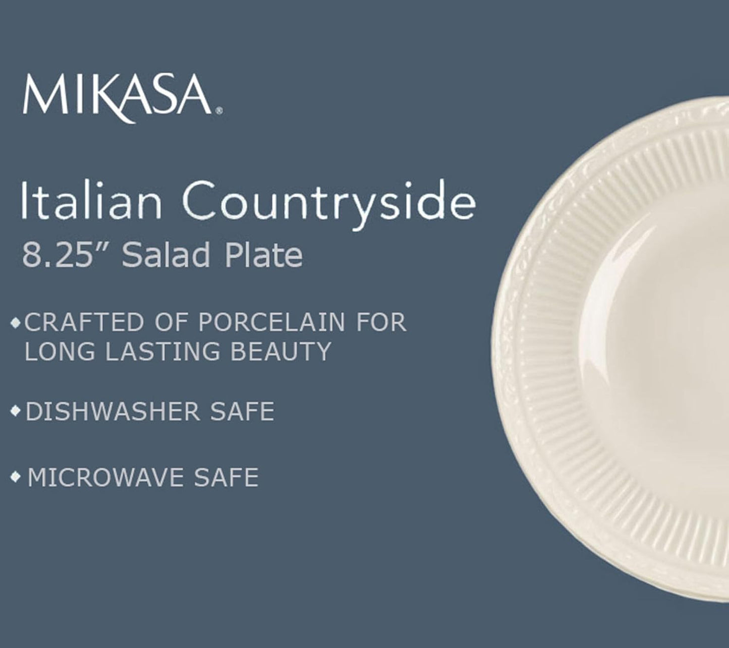 Mikasa Italian Countryside Salad Plates - Set of 4 Classic Embossed White Porcelain, 8.25 Inch, Microwave & Dishwasher Safe