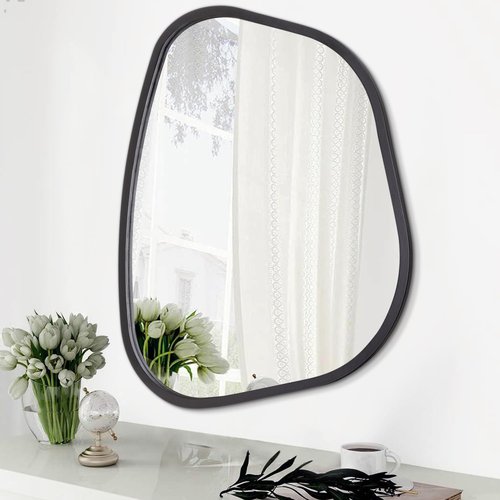 Black Asymmetrical Mirror Large 26"x18" Irregular Oval Wall Mirror Modern Wood Frame Unique Shape Wall Mounted Vanity Artistic Mirror Decorative for Living Room Bedroom Bathroom Entryway Hallway