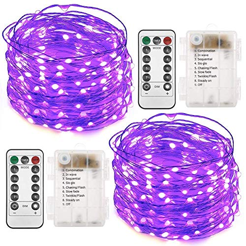 Purple Halloween Fairy Lights 66 ft 200 LED 2 Pack with Remote & Waterproof Battery Boxes