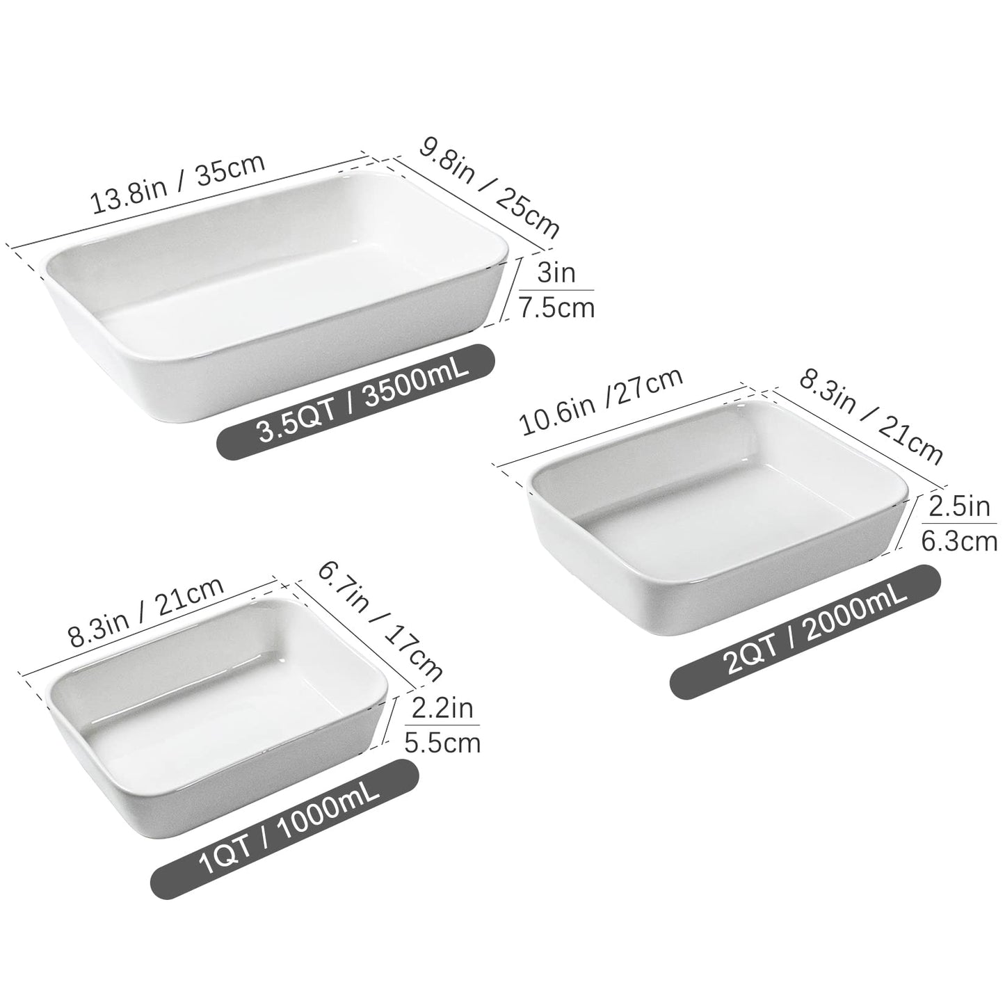 UNICASA Ceramic Oven Dishes, Set of 3 Lasagne Dishes 1000/2000/3500 ML, Rectangular Casserole Dishes, Non-Stick Reactive Glaze, White Casserole Oven