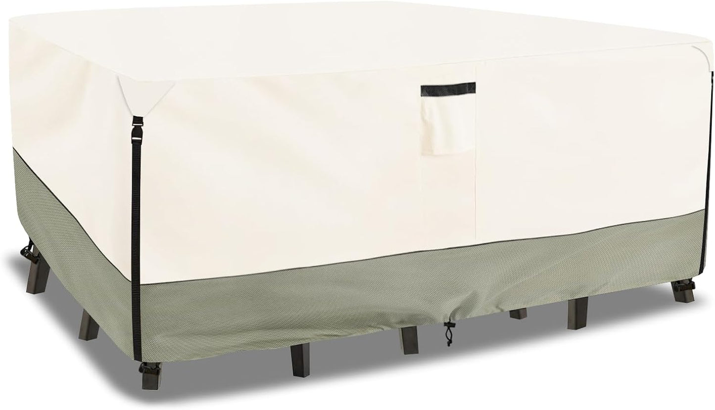 Skiennix Waterproof Outdoor Furniture Covers - Heavy Duty 600D Protection for Dining Table & Chairs | Beige 111L x 74W x 28H Inch
