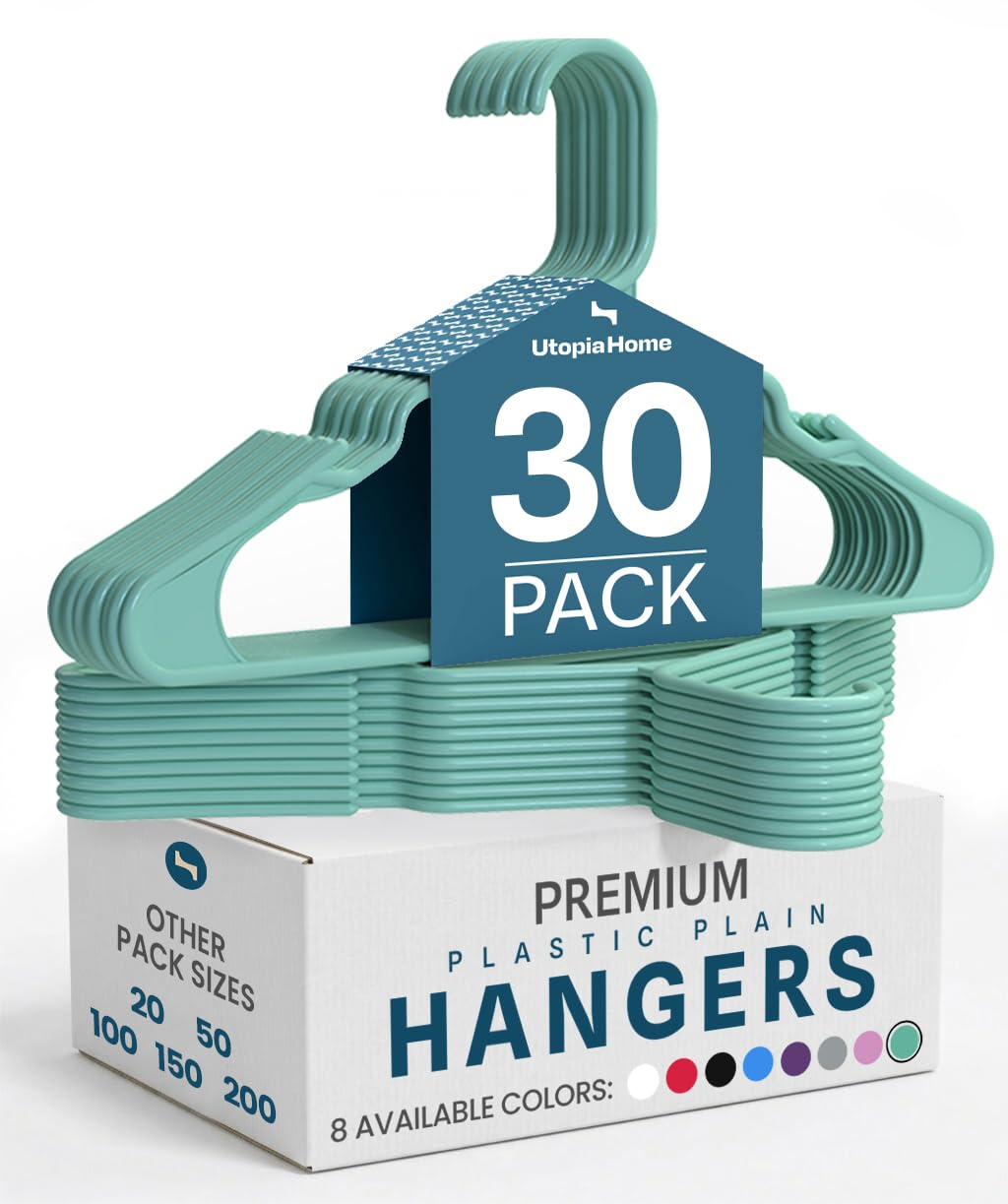 Utopia Home Plastic Hangers 30 Pack - Perfect Space Saving Clothes Hanger - Durable and Strong - Perfect Closet Organizers with Shoulder Grooves (Aqua)