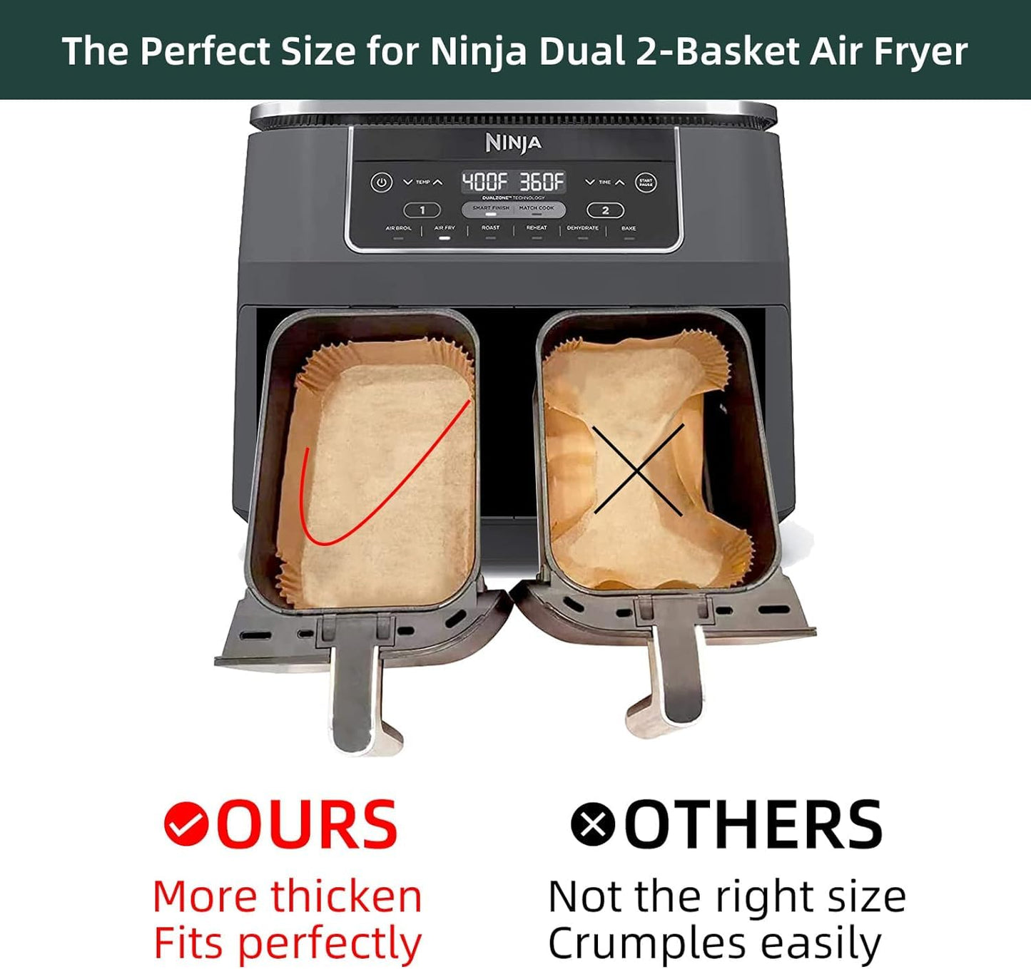Air Fryer Disposable Paper Liners for Ninja Dual Airfryer Accessories, Non-Stick Parchment Rectangular for Baking, Oil Proof, Water Proof, for Microwave Oven (125PCS, 8.6in x 5.5in）