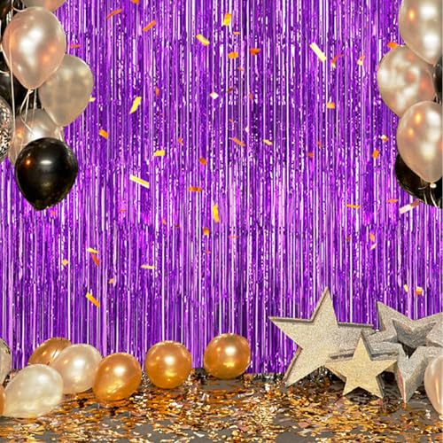 3 Pack Foil Fringe Backdrop - Purple Shiny Tinsel Curtains for Party Decoration/Photo Booth Props - 3.3x8.2 FT Metallic Foil Backdrop for Birthday, Wedding, Graduation, Christmas.