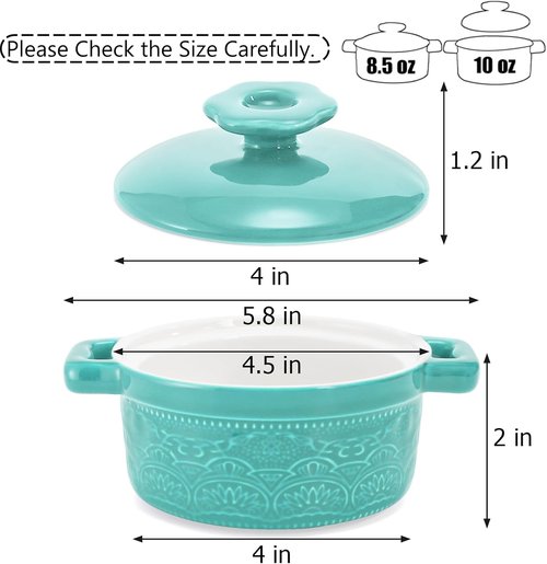 Hacaroa Mini Cocotte Set - 8 Oz Ceramic Ramekins with Lids & Handles | Individual Baking Dishes in 6 Colors