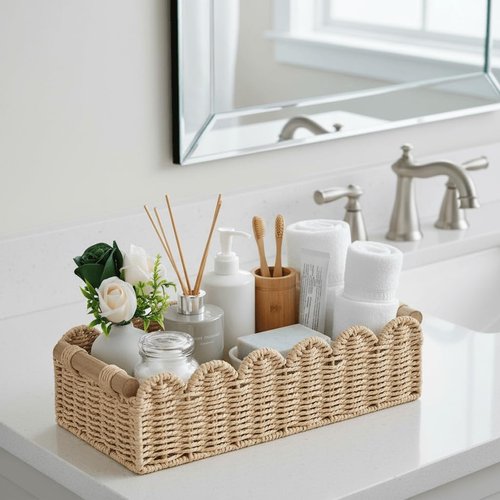 CubesLand Scalloped Edge Toilet Paper Storage Basket - Cozy Beige Decor with 2 Wooden Handles