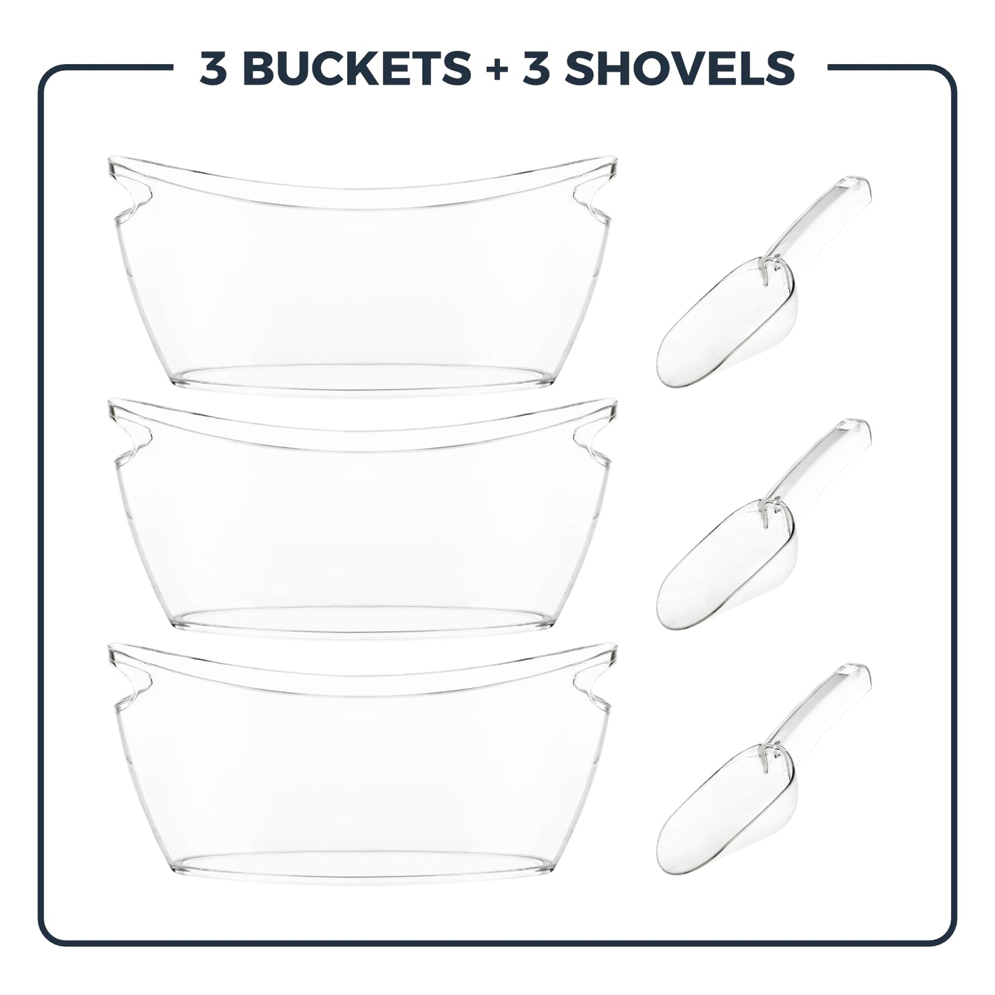 Clear Ice Buckets for Parties 3 Pack, 5.5L Clear Beverage Tub w/Handles & Scoops, Drink Buckets for Parties, Acrylic Beverage Tub, Mimosa Bar Supplies for Sparkling Wine Champagne Beer Drinks