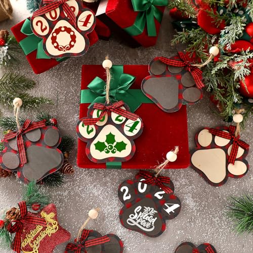 BBTO 12Pcs Dog Paw Ornaments Christmas Tree Wood Decor Red Black Brown
