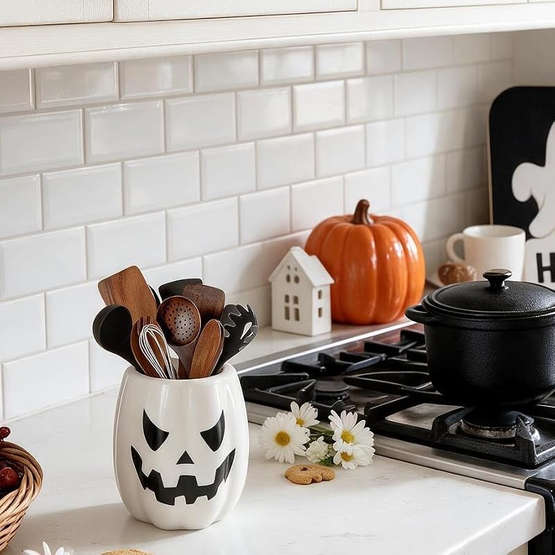 Halloween Pumpkin Ceramic Utensil Holder - Pinata Halloween Kitchen Decor