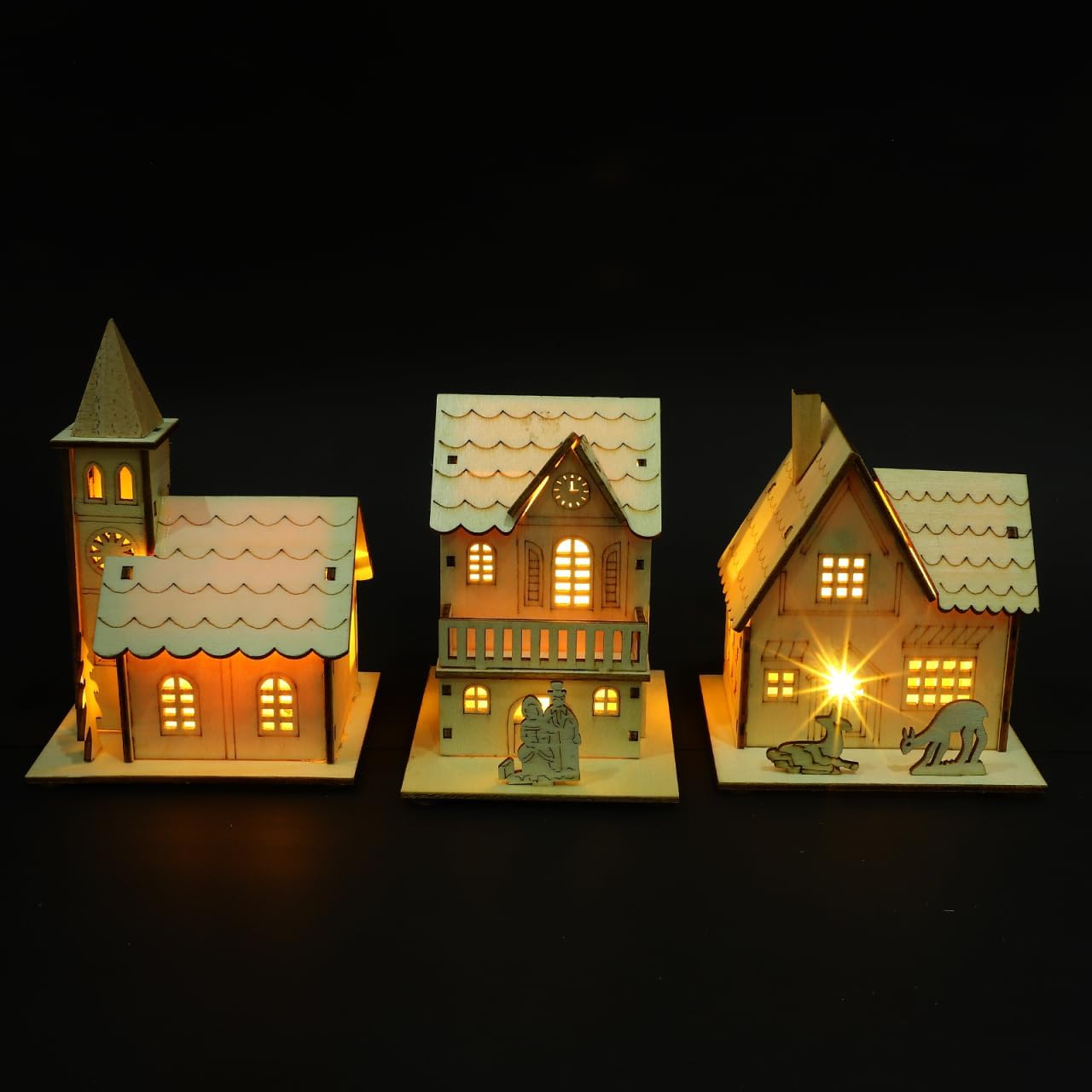 Rustic Christmas Village Houses by [Brand Name] - LED Light Wooden Decor for Holiday Centerpieces | 3 Pcs Set