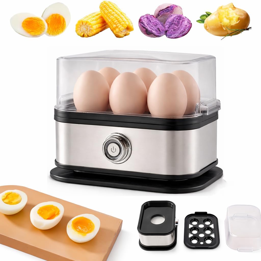 Skiennix Rapid Egg Cooker - 6 Egg Capacity, Soft/Medium/Hard Boiled, Stainless Steel | Silver Gray