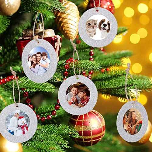 12 Pieces Christmas Magnetic Photo Frame Ornaments with Twine, Glitter Round Holiday Picture Frames Gifts and Tree Decoration for Valentines Day Party Favor (Silver)