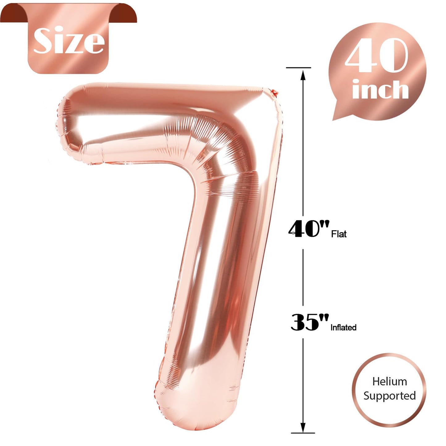 Rose Gold 7 Balloon, Number Balloons 40 Inch, 7th Birthday Decorations for Girls Boys Kids, Party Decoration for Women Men, Number 7 Balloon