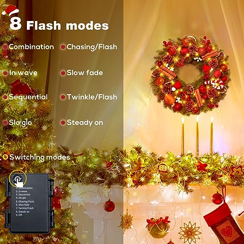 Quntis Candy Cane Christmas Wreath with Lights - 16 Inch Holiday Door Decor