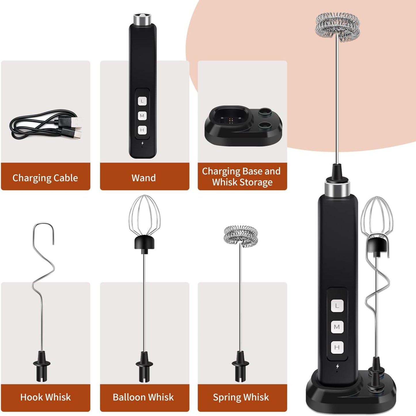 Skiennix Rechargeable Milk Frother - Handheld Mini Mixer with 3 Detachable Whisks & Charging Base