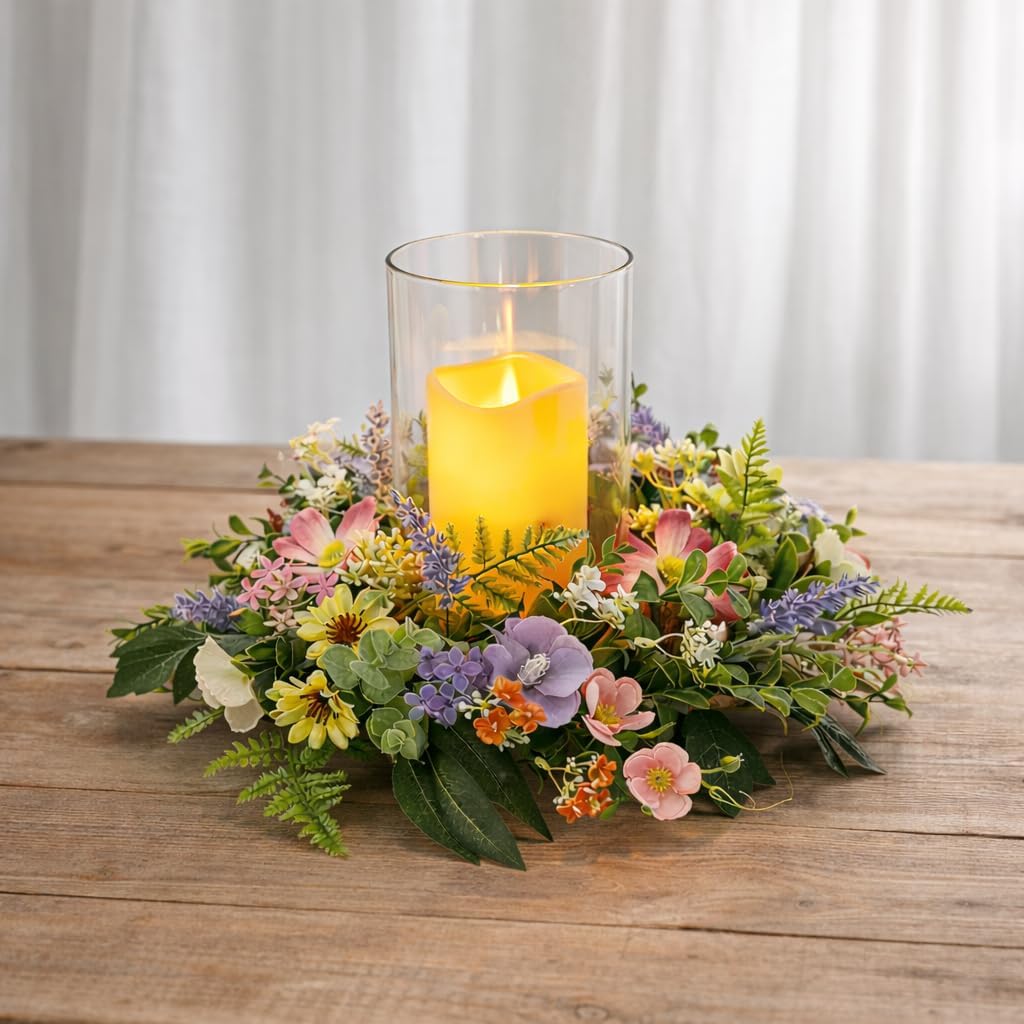 Skiennix Floral Candle Holder - Glass Hurricane with Detachable Wreath | Spring Centerpiece for Dining Table