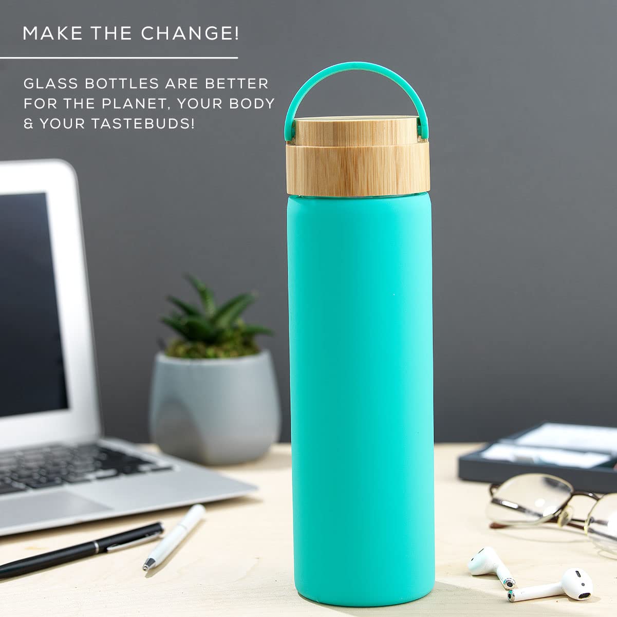 JoyJolt 20oz Borosilicate Glass Water Bottle with Strap, Silicone Sleeve and Lid (Turquoise). Reusable, Dishwasher Safe, Wide Mouth, Heat Resistant, Modern Eco-friendly Hydration