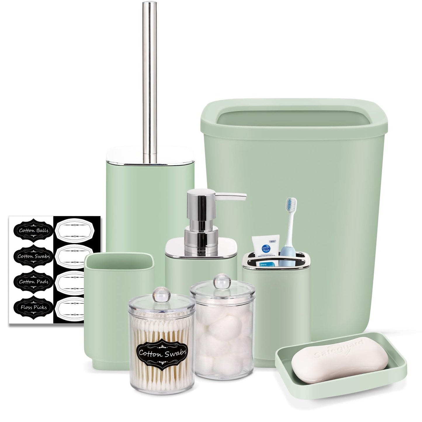 Bathroom Set - 9 Pcs Green Bathroom Accessories Set with Trash Can,Soap Dispenser,Tray,Soap Dish,Toothbrush Holder&Cup,Toilet Brush Holder, 2 Qtip Holder Dispenser