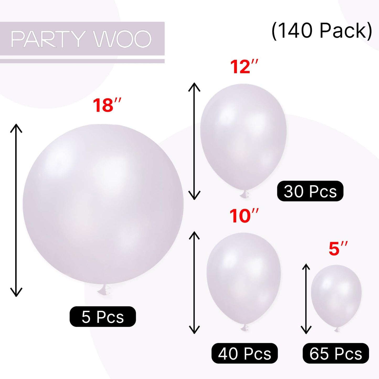 PartyWoo Pearl Lavender Balloons 140pcs Different Sizes Pack of 18 12 10 5 Inch Pearl Light Pastel Purple Lilac Balloon Arch Kit for Bachelorette Fairy Girl Birthday Party Decorations Purple-Z32