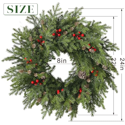 24in Norfolk Pine Christmas Wreath with Red Berries, Front Door Decor