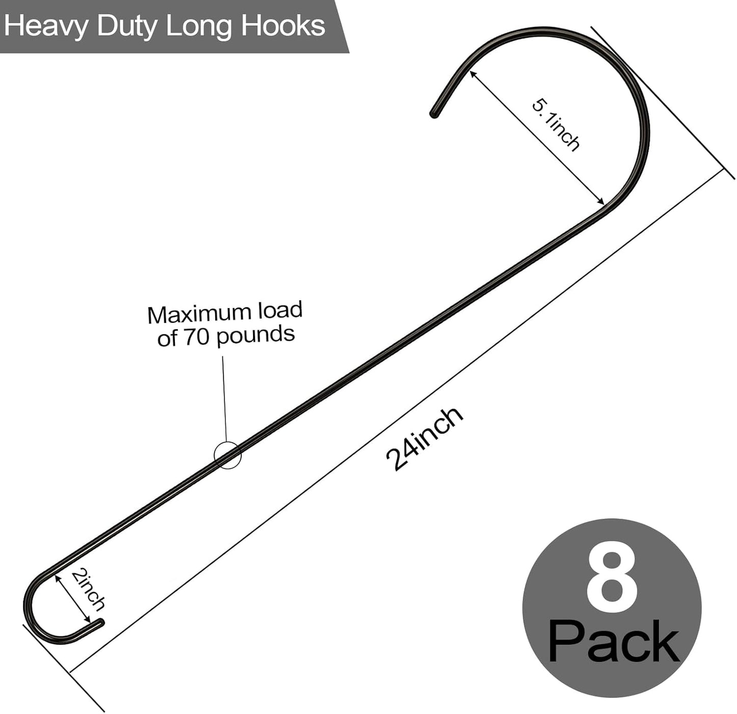 Skiennix 24-Inch Large Tree Branch Hooks - Durable Metal S Hooks for Hanging Plants & Bird Feeders | 8 Pack (Black)