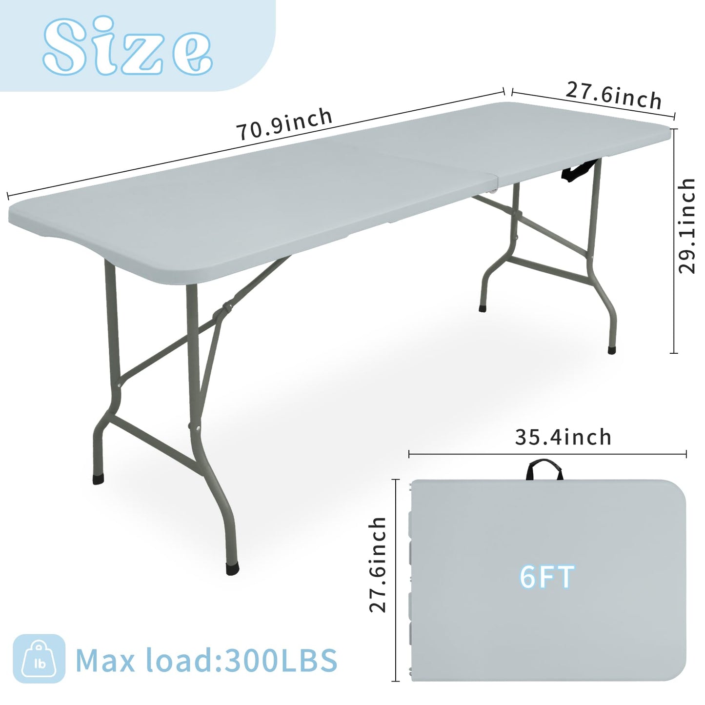 Set of 2 Folding Table 6 FT Lightweight Camping Table Portable Plastic Rectangular Outdoor Dining Table Steel Legs Fold-in-Half with Carrying Handle for Indoor,Picnic,Party,Wedding,Events(White)