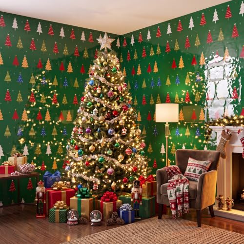 Tegeme 100 ft x 54 in Christmas Tablecloth Roll with Xmas Tree Pattern (Xmas Tree / 14 x 3.2 in) - Disposable PE Party Cover
