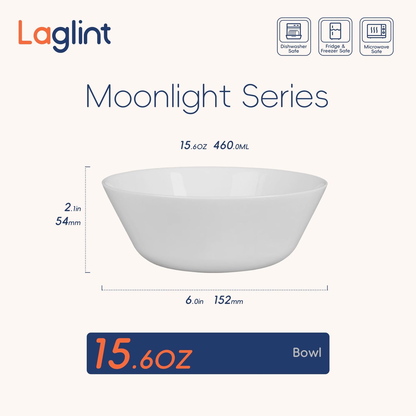 LaGlint 16OZ White Opal Glass Cereal and Soup Bowl Set of 4, 6 inch Dishwasher & Microwave Safe Round Bowls for Salad and Rice