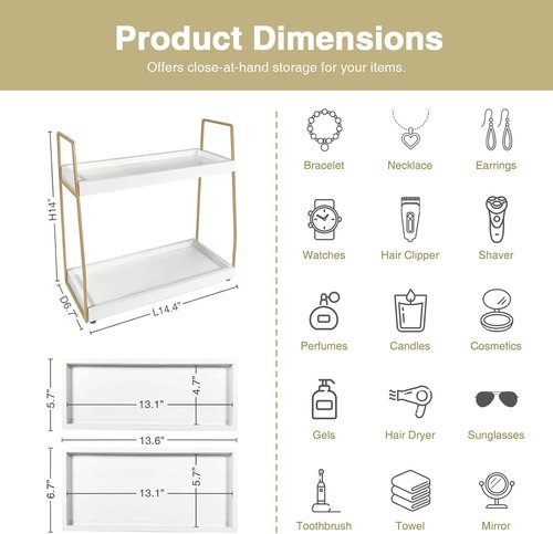 Forbena Bathroom Organizer - Elegant 2-Tier Wooden Sink Shelf for Vanity Storage | White and Gold
