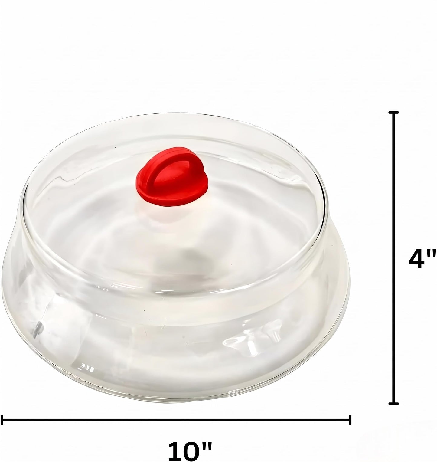 10 Inch Microwave Tempered Borosilicate Glass Plate Cover with Red Easy-Grip Silicone Handle - Unvented to Steam Food -Microwaveable/Oven/Stove Safe - Red Silicone Handle for Safe Easy Grip