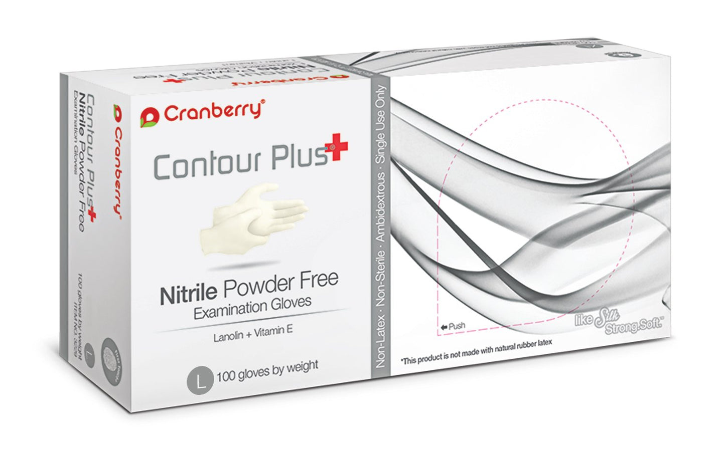 Cranberry USA Cranberry Contour Plus White Nitrile Exam Gloves, Case of 1000, Large, Lanolin & Vitamin E, 3.0 Mil