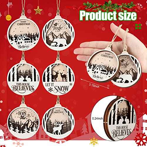 Jetec 6 Pcs Christmas Ornaments for Tree Wooden Christmas Hanging Decorations Rustic Hollow Woodland Reindeer Snowflake for Tree Winter Farmhouse Party Decor Home(Round Style)