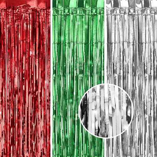 Kesote 3 Pack Green Red Silver Tinsel Foil Fringe Curtain Streamers for Christmas Holiday Party Decorations Photo Booth Props, 3.3Ft x 6.6Ft