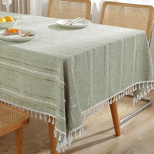 Meioro Sage Green Rustic Cotton Linen Tablecloth 55x120" with Tassels - Farmhouse Decor