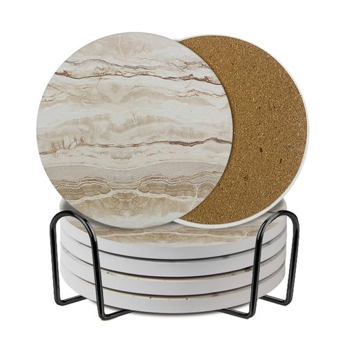 Ceramic Coasters Set of 6, Marble-Textured Design with Holder - Absorbent Cork-Backed Coasters for Cups, Bar & Coffee Table Decor Accessories (Khaki Marble, 4 Pack)