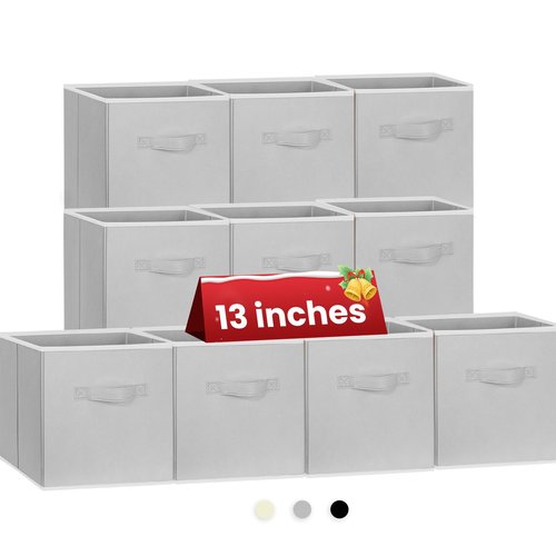 Criusia Large Storage Cubes, 13x13 Cube Storage Bins (Set of 10), Fabric Collapsible Storage Bins with Dual Handles, Foldable Cube Baskets for Shelf, Closet Organizers and Storage Box (Grey)