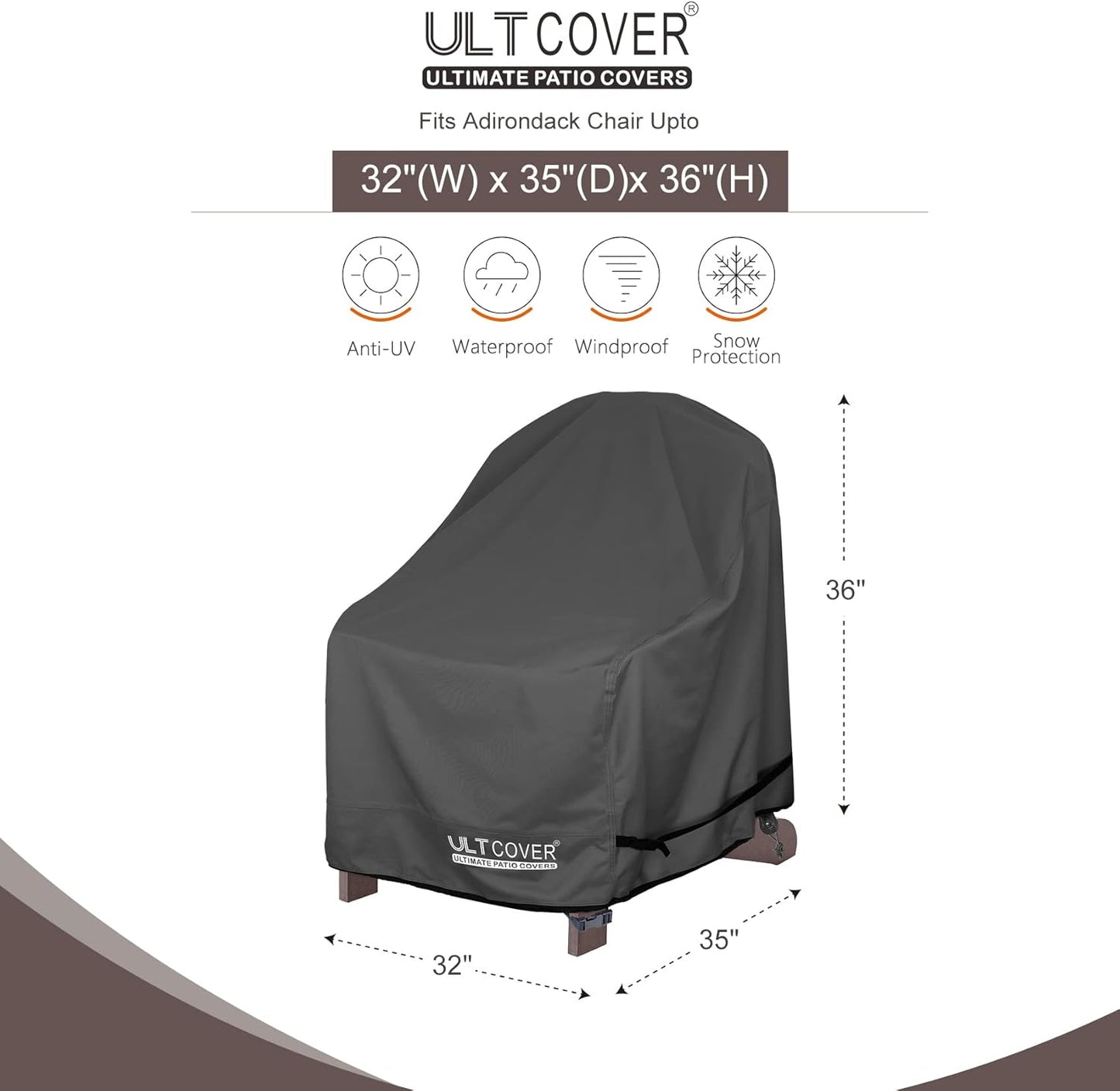 ULTCOVER Waterproof Adirondack Chair Covers - 2 Pack for Chairs Up to 32"W x 35"D x 36"H - Black
