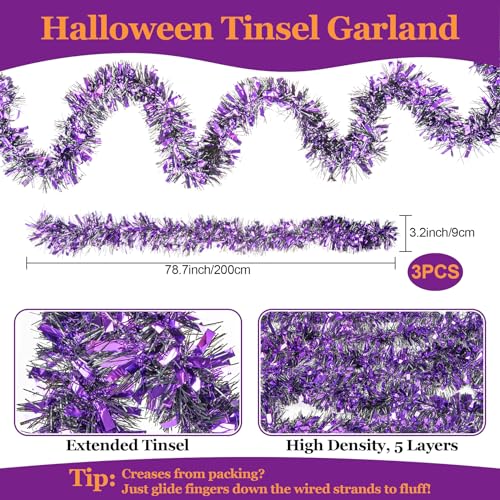19.6FT Halloween Tinsel Garland - Halloween Garland Decorations Indoor Outdoor Glittering Purple Wall Decor with Foil Tassels Party Decorations Supplies for Mardi Gras and All-Season Parties