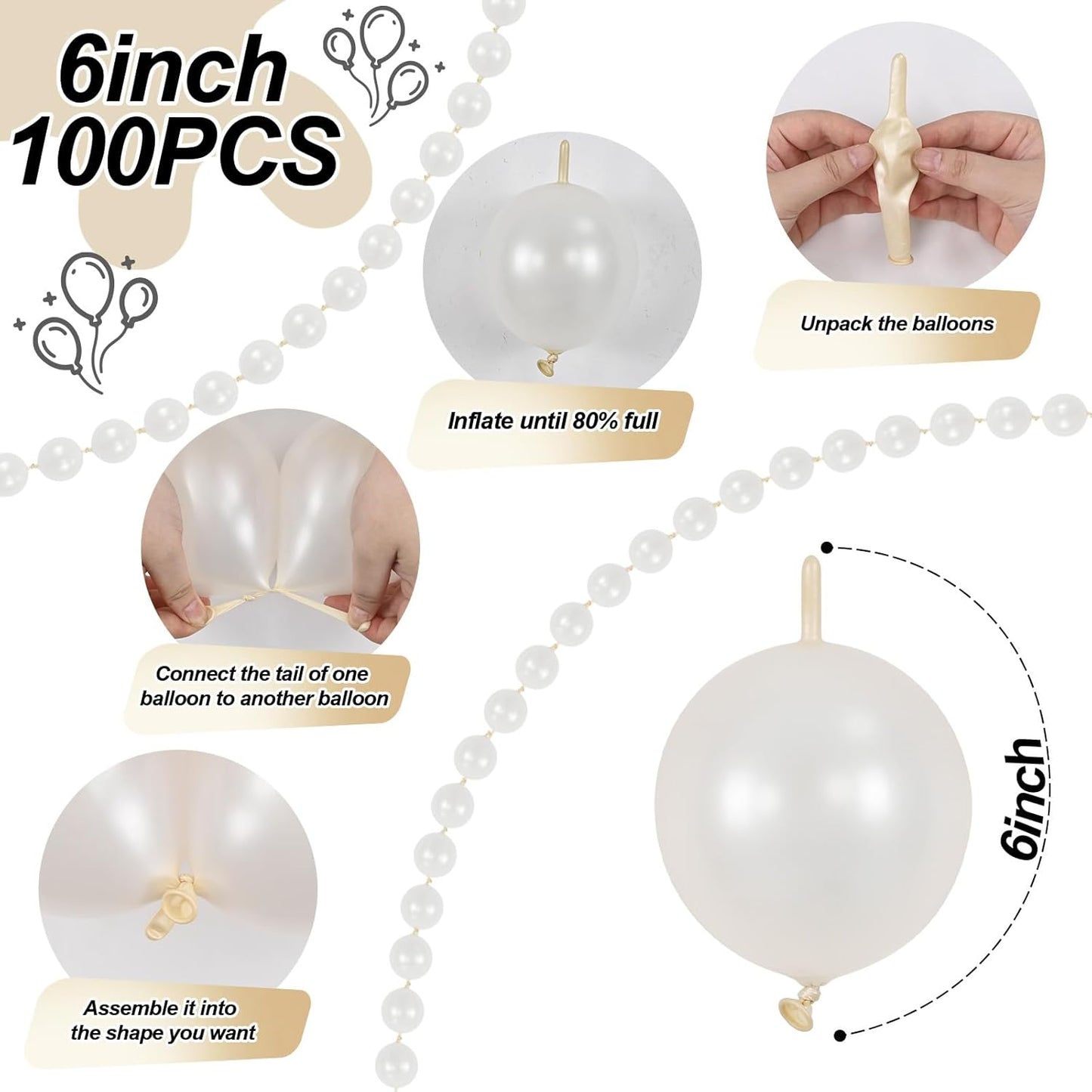Skiennix Pearl White Linking Balloons - 100PCS 6 Inch Quick Link Balloons for Wedding & Party Decor
