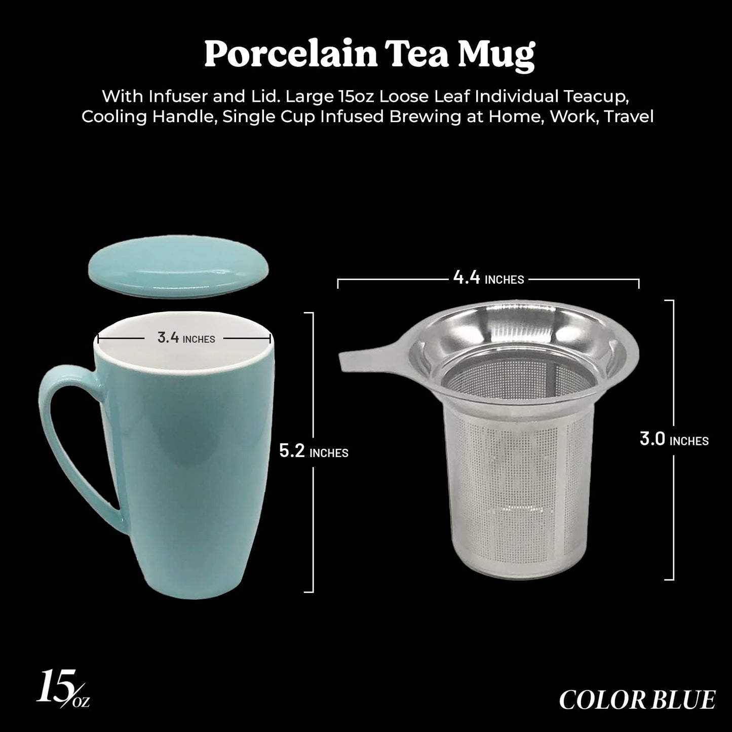 Furmaware PorcelainTea Mug, 15oz Ceramic Tea Infuser Cup with Cooling Handle & Strainer, Microwave and Dishwasher safe Steeping Cup for Tea lovers, Christmas, Birthday and Mother’s Day (Turquoise)
