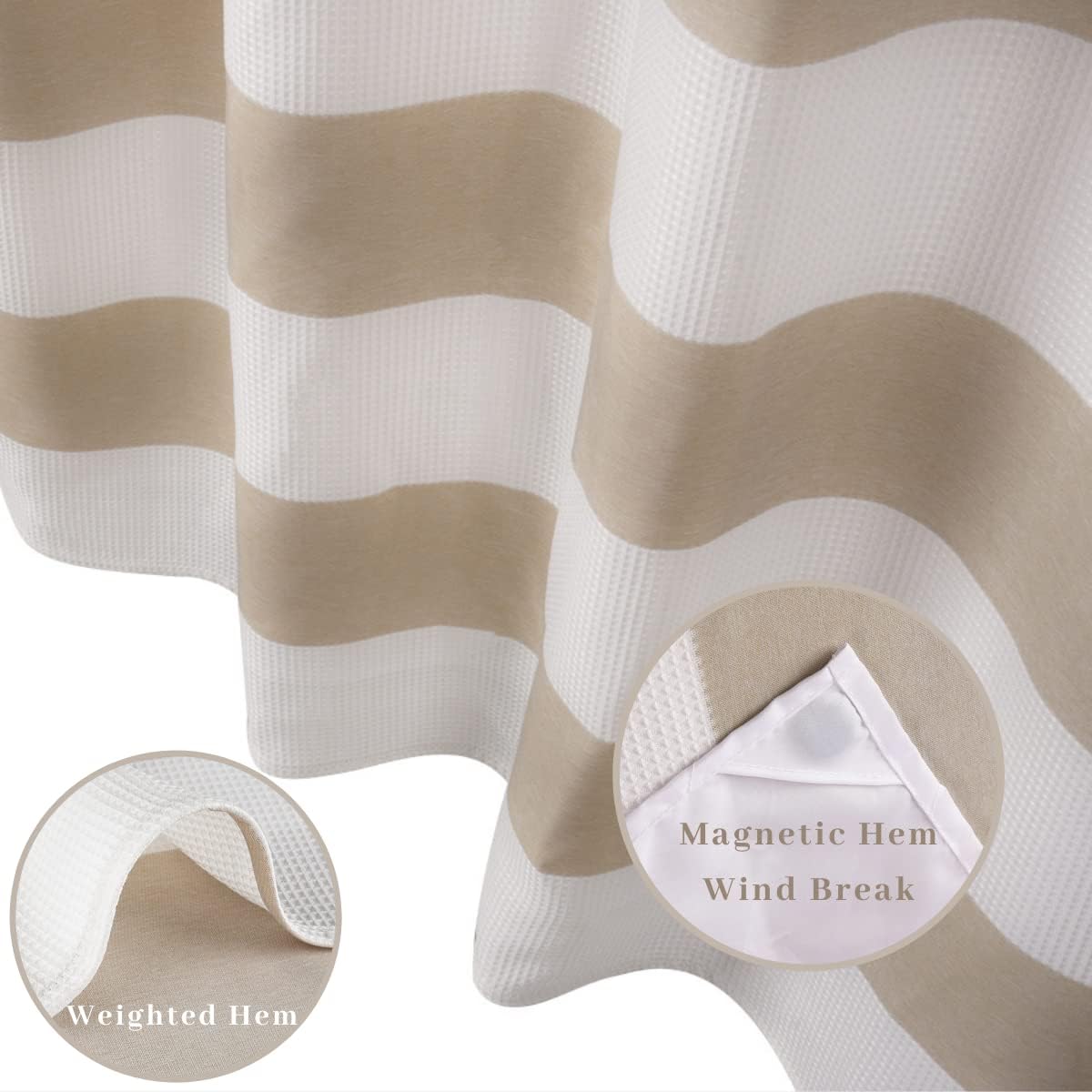 Skiennix Hook-Free Shower Curtain - 71"W x 74"H Light Beige & White Stripe with Mesh Window