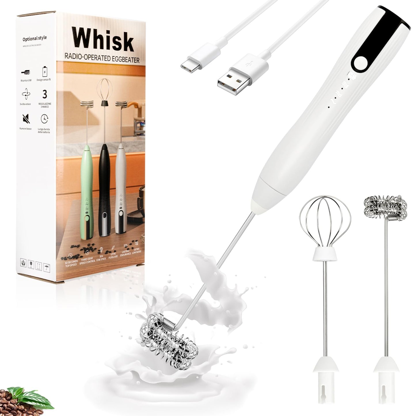 Double Whisk Milk Frother Handheld USB-C Rechargeable Electric Drink Mixer White,3 Speeds Adjustable Coffee Foamer Drink Whisk for Lattes, Matcha, Hot Chocolate, Egg, Matcha