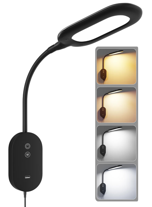 TOPMB Wall Mounted Reading Bed Light, Wall Bed Lamp with CRI 95+ for Eye Care, 4 Color 5 Dimmable, 2A USB Output, 4-Hour Auto Off, Book Lights Flexible Gooseneck Reading Lamp Headboard Black