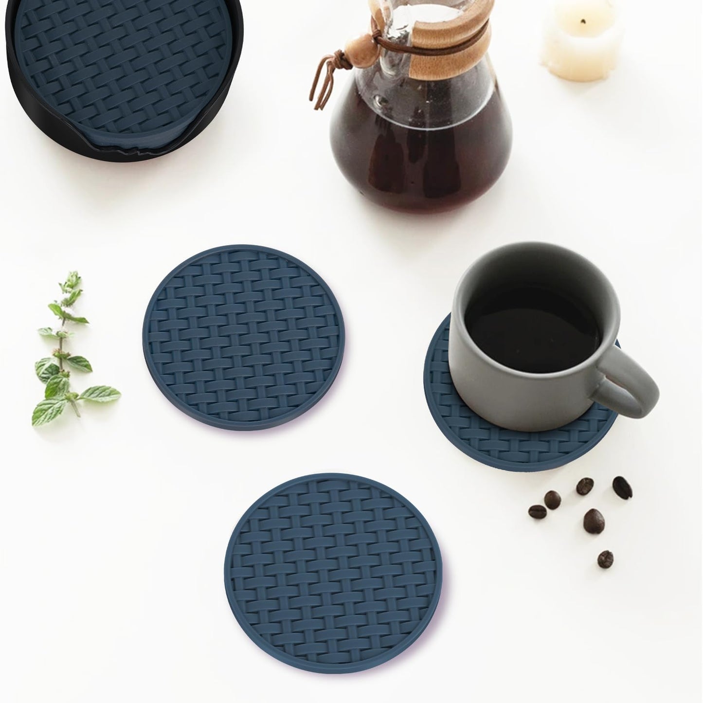 4 Inch Blue Silicone Coasters for Drink Set of 6, Heat-Resistant Waterproof Non-Slip Cup Mats, Round Table Protectors for Coffee Mugs & Beverage Cups, Ideal for Home Kitchen Office Use