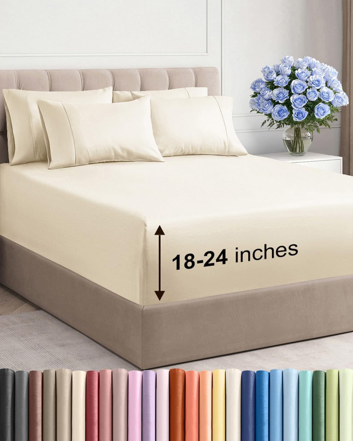Skiennix Extra Deep Full Sheet Set - 6 Piece Breathable Cooling Sheets - Hotel Luxury Bedding - Soft, Wrinkle-Free Off White